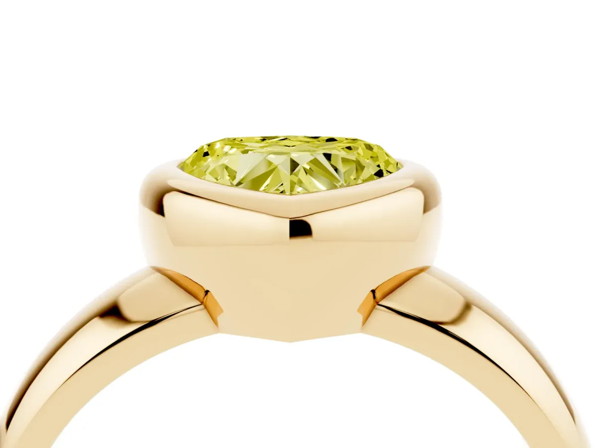 Fancy Yellow Bezel Set Heart Cut Solitaire Ring with Wide Band Yellow gold