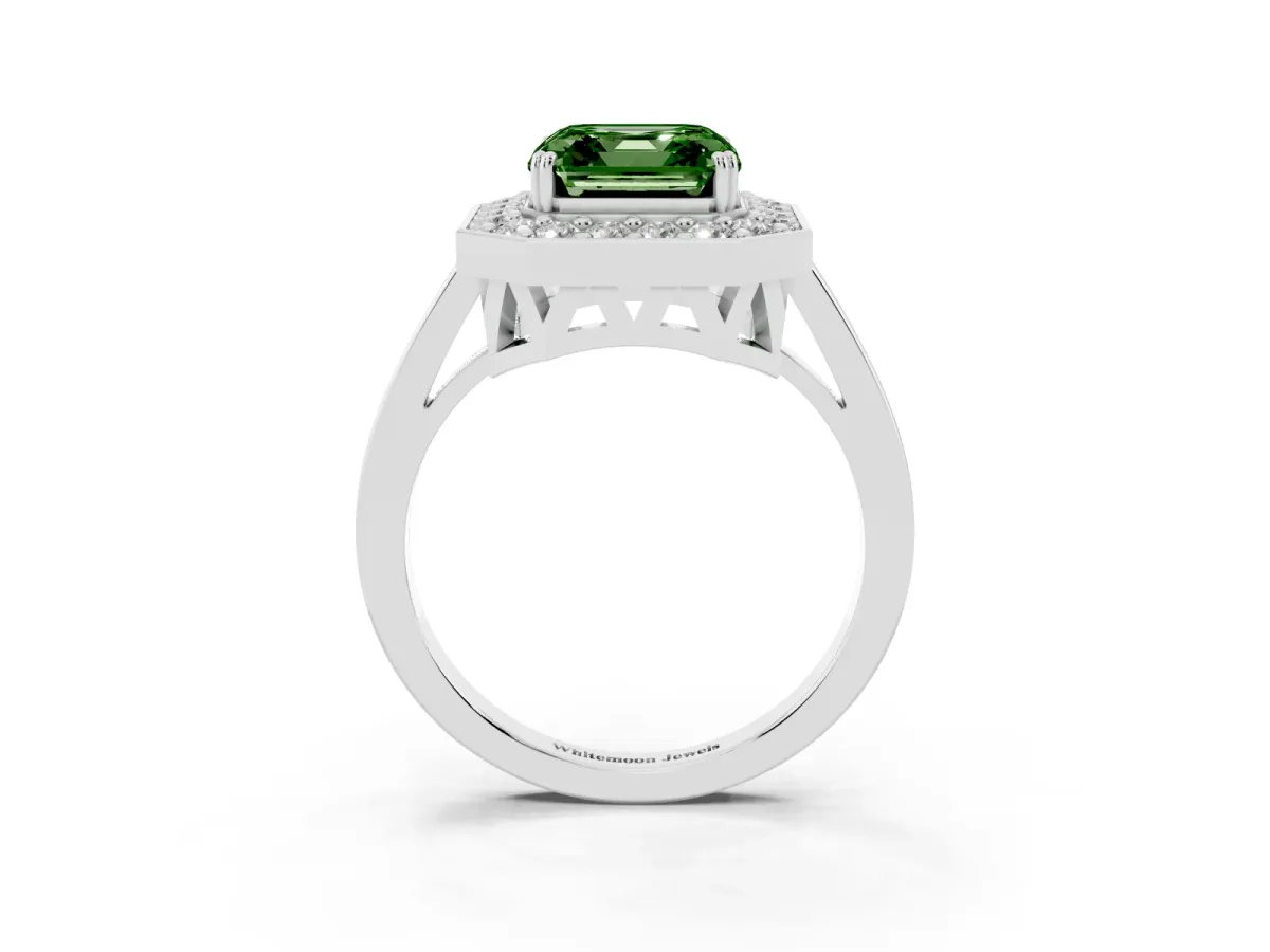 Fancy Green Asscher Cut Diamond Halo Ring with Split Shank and Four-Prong Setting Silver