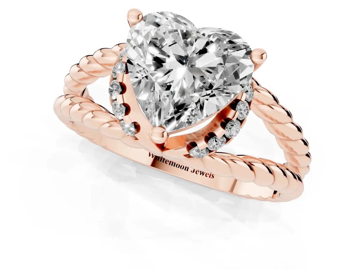 Heart Cut Halo Twisted Band Four-Prong Ring Rose gold