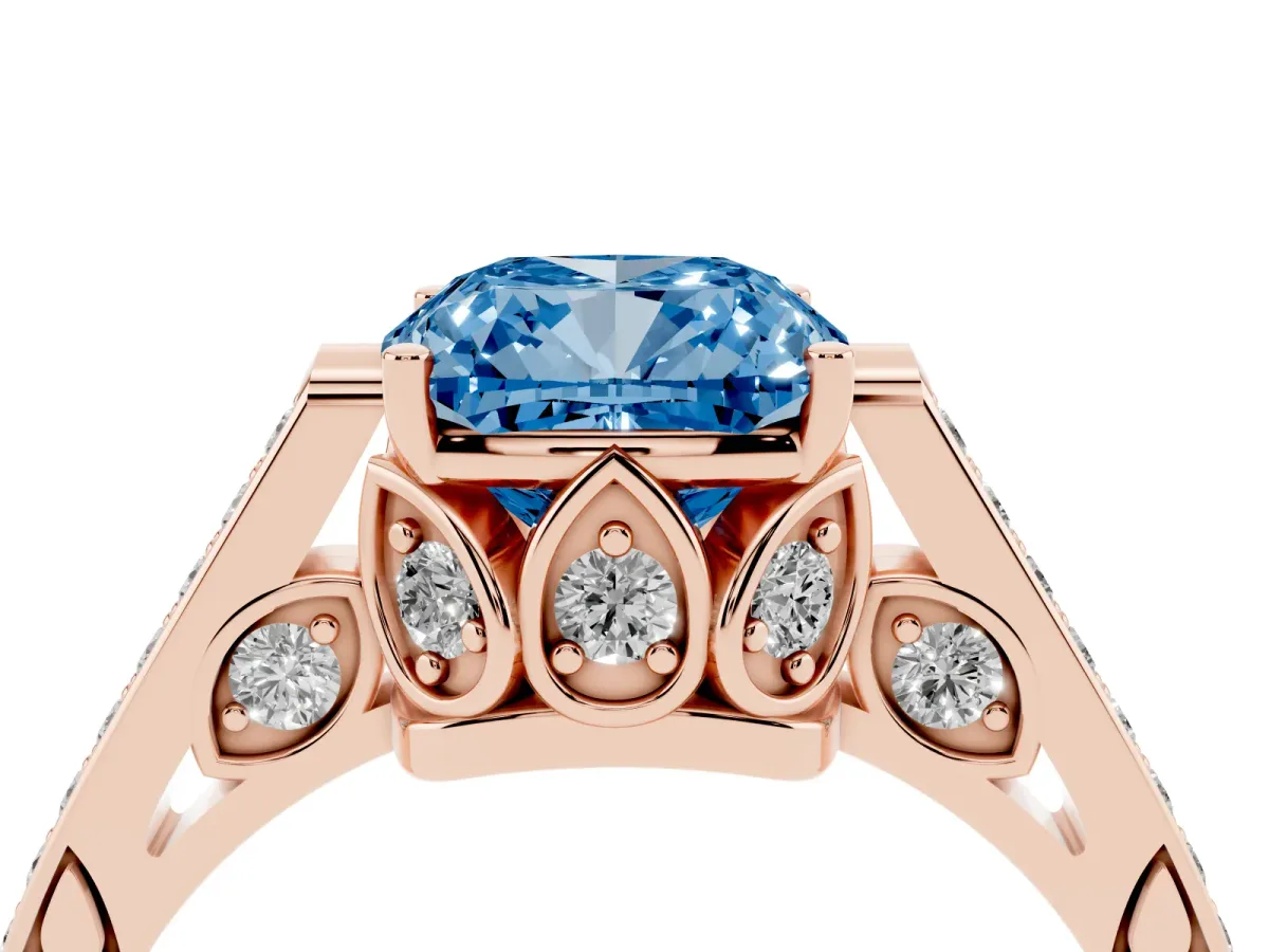 Fancy Blue Cushion Cut Cut Cathedral Pave Diamond Engagement Ring with Six-Prong Setting Rose gold
