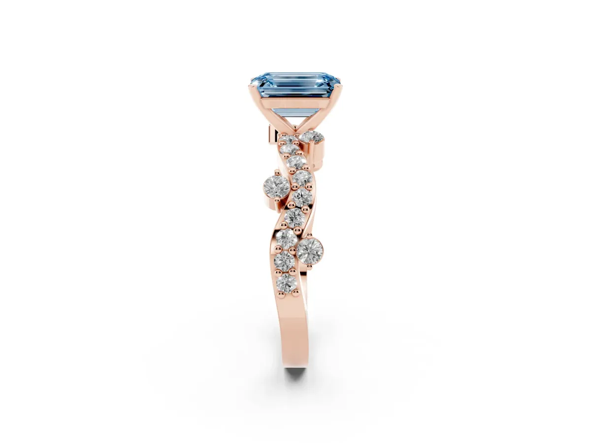 Fancy Blue Emerald Cut Cut Solitaire Diamond Twisted Band with Pave Setting Rose gold