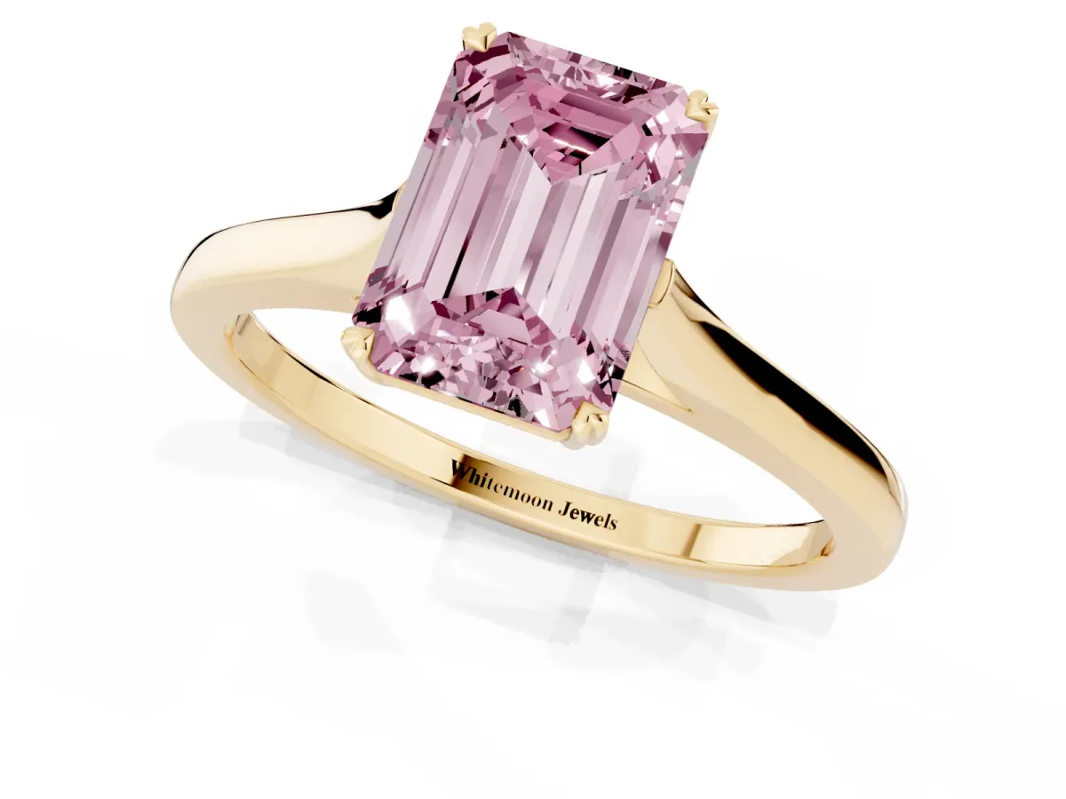 Fancy Pink Emerald Cut Solitaire Heart Prong Engagement Ring with Tapered Band Yellow gold