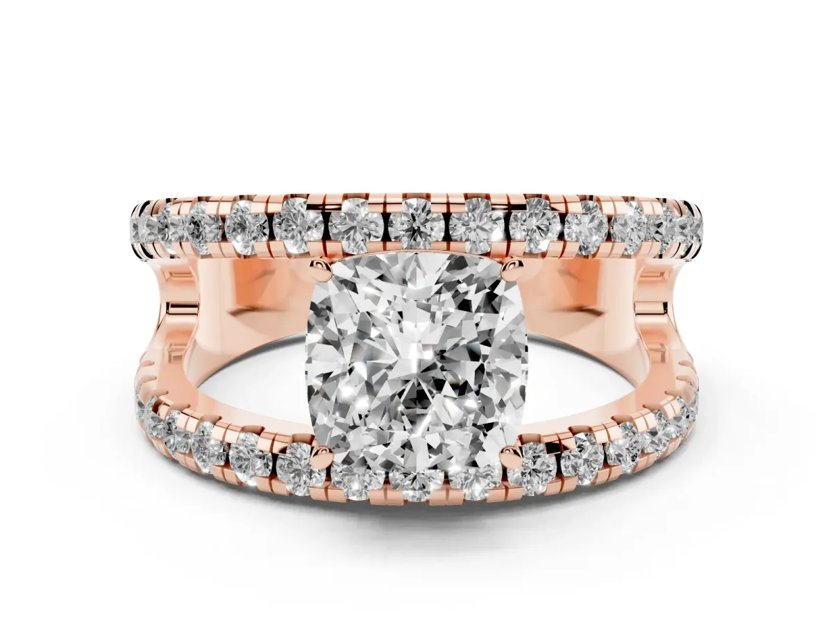 Cushion Cut Solitaire Split Shank Pave Diamond Ring Rose gold