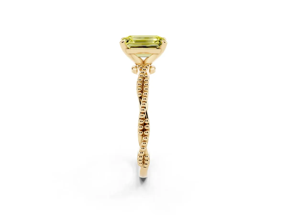 Fancy Yellow Emerald Cut Solitaire Twisted Band with Bead Prong Setting Yellow gold
