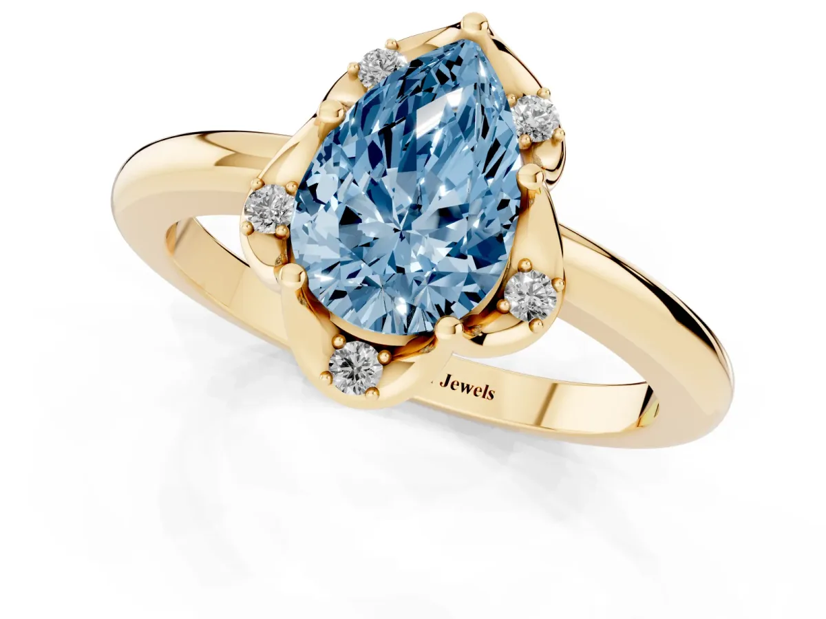 Fancy Blue Pear Cut Halo Diamond Ring with Round Cluster Setting, Solitaire Band, and Four-Prong Setting Yellow gold