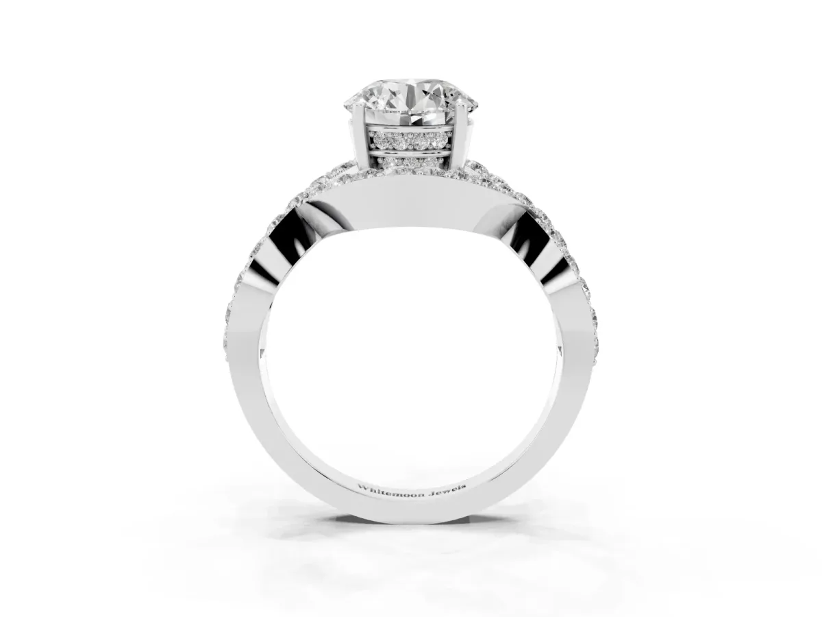 Round Cut Solitaire Twist Band Pavé Diamond Engagement Ring Silver