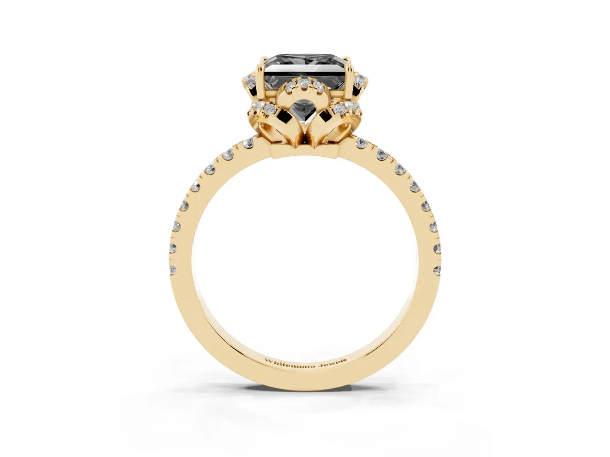 Fancy Black Princess Cut Diamond Halo Pave Band with Four-Prong Setting Yellow gold