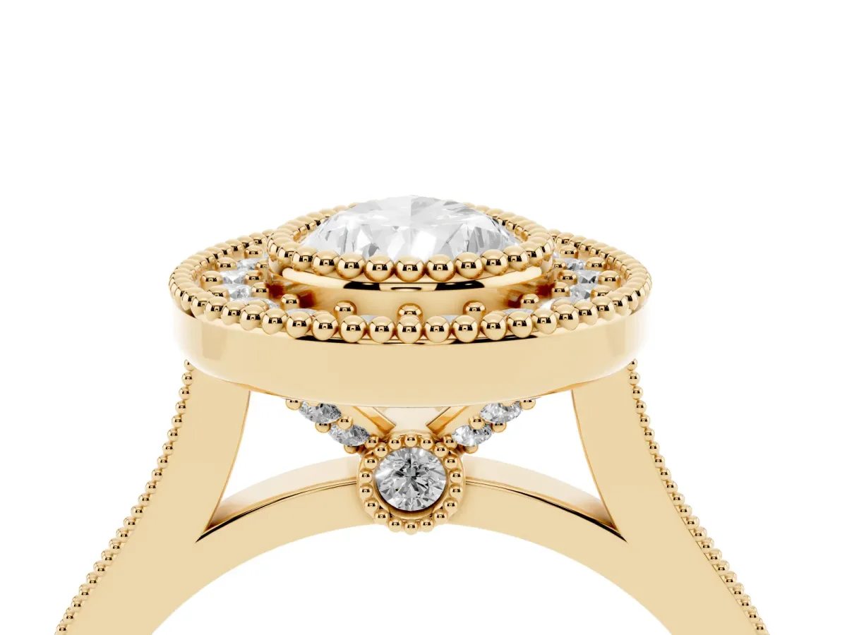 Pear Cut Diamond Halo Ring with Milgrain Frame and Pavé Band Yellow gold