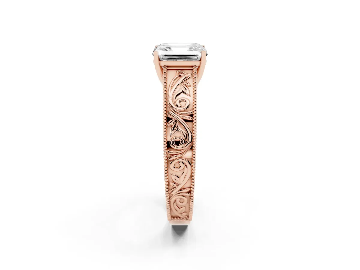 Asscher Cut Diamond Solitaire Ring with Engraved Band and Four-Prong Setting Rose gold