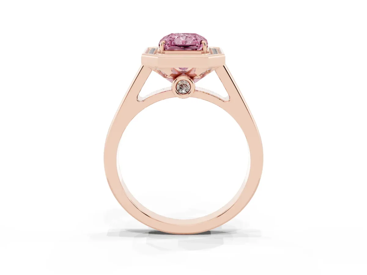 Fancy Pink Radiant Cut Halo Solitaire Diamond Ring with Pave Band and Bezel Setting Rose gold