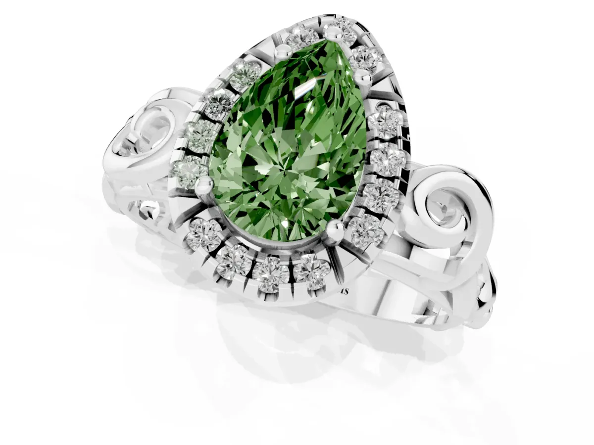 Fancy Green Pear Cut Cut Halo Diamond Ring with Scrollwork Band and Four-Prong Setting Platinum