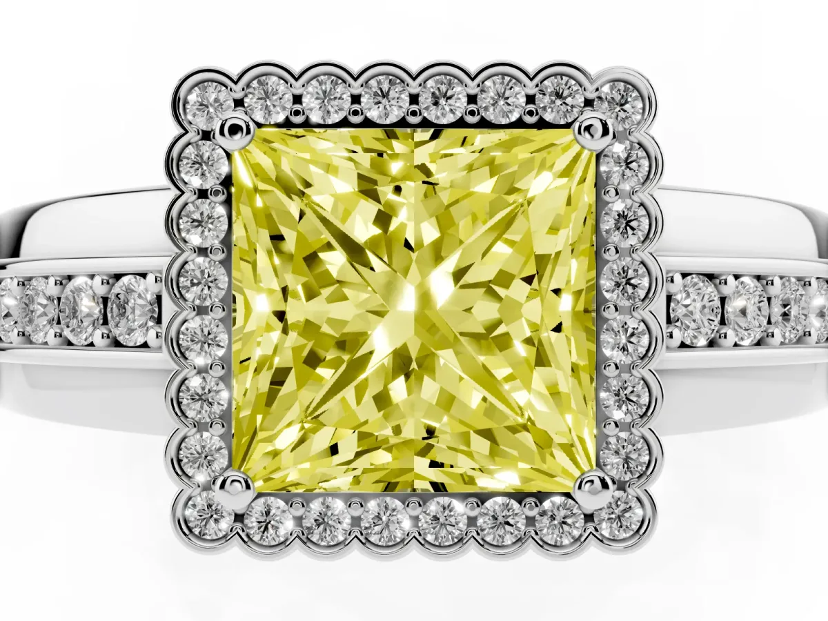 Fancy Yellow Princess Cut Cut Halo Pave Band Four-Prong Ring Silver