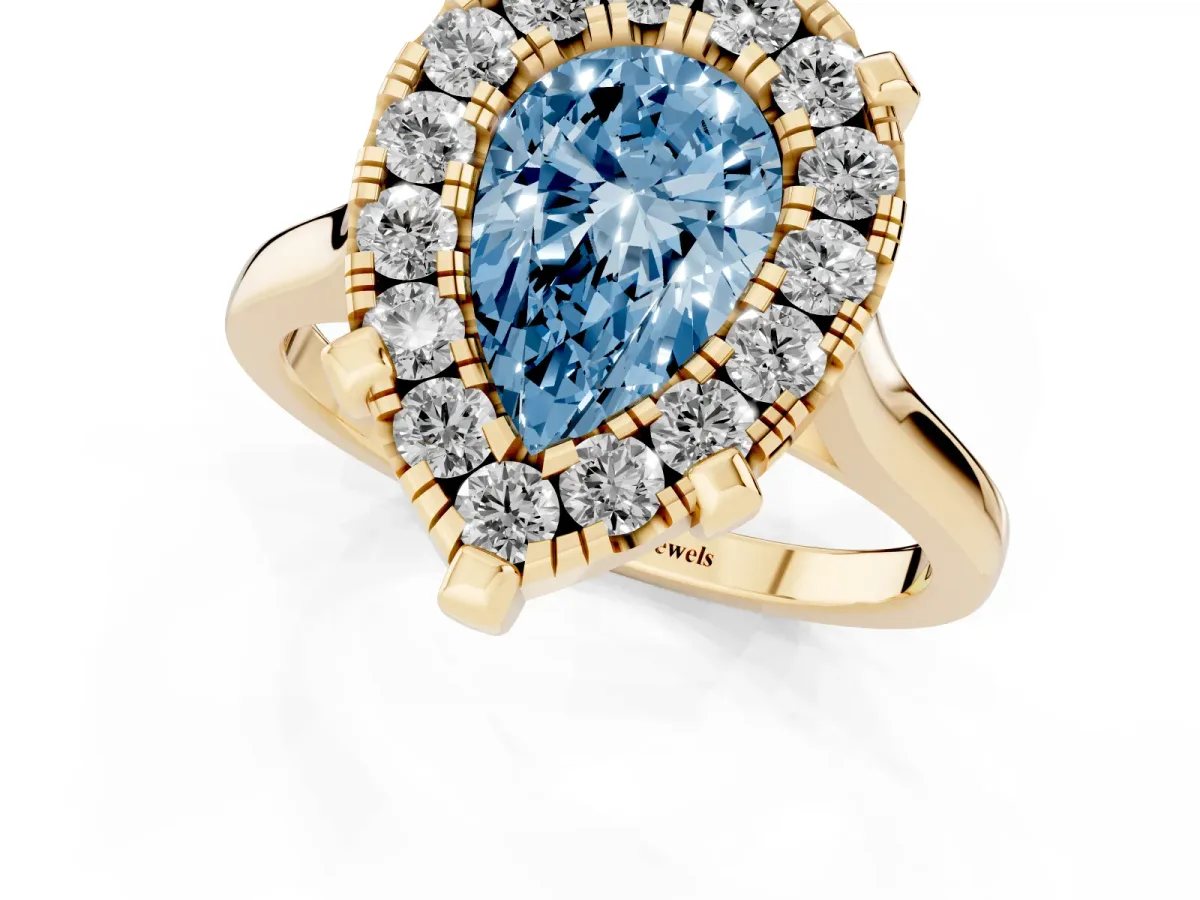 Fancy Blue Pear Cut Diamond Cluster Halo Solitaire with Four-Prong Setting Yellow gold