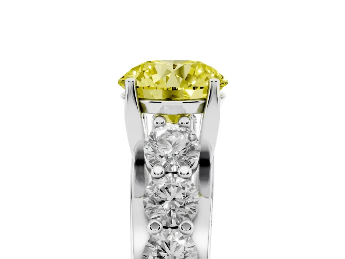 Fancy Yellow Round Cut Diamond Engagement Ring with Pavé Band and Four-Prong Setting Platinum
