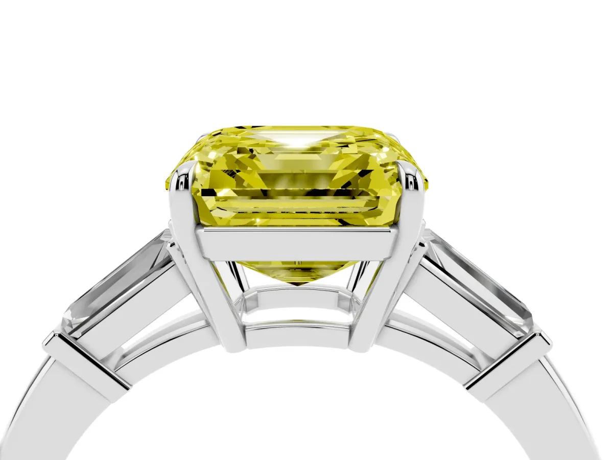 Fancy Yellow Asscher Cut Diamond Three-Stone Ring with Tapered Baguette Side Stones and Prong Setting Silver