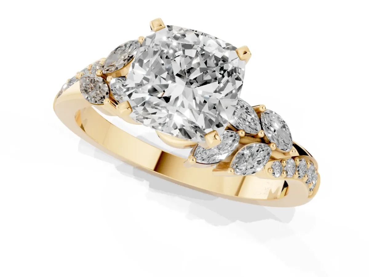Cushion Cut Solitaire Marquise Twist Band with Six-Prong Setting Yellow gold