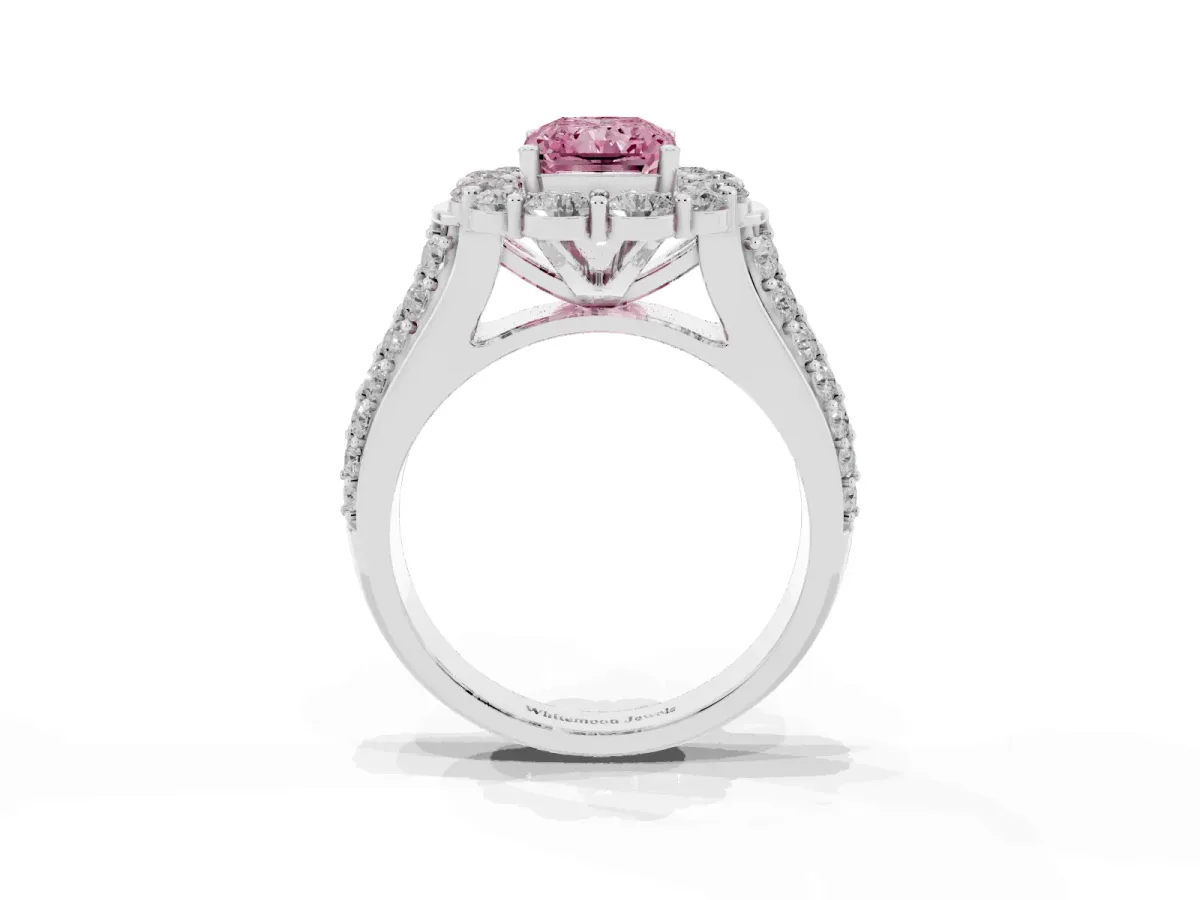 Fancy Pink Radiant Cut Halo Diamond Engagement Ring with Split Shank and Prong Setting Silver