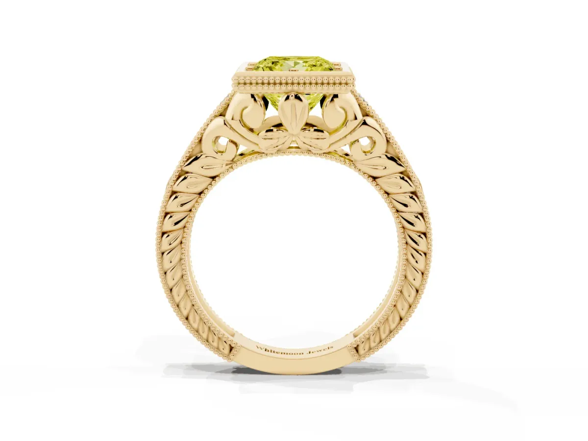 Fancy Yellow Bezel Set Princess Cut Diamond Milgrain Pave Engagement Ring Yellow gold