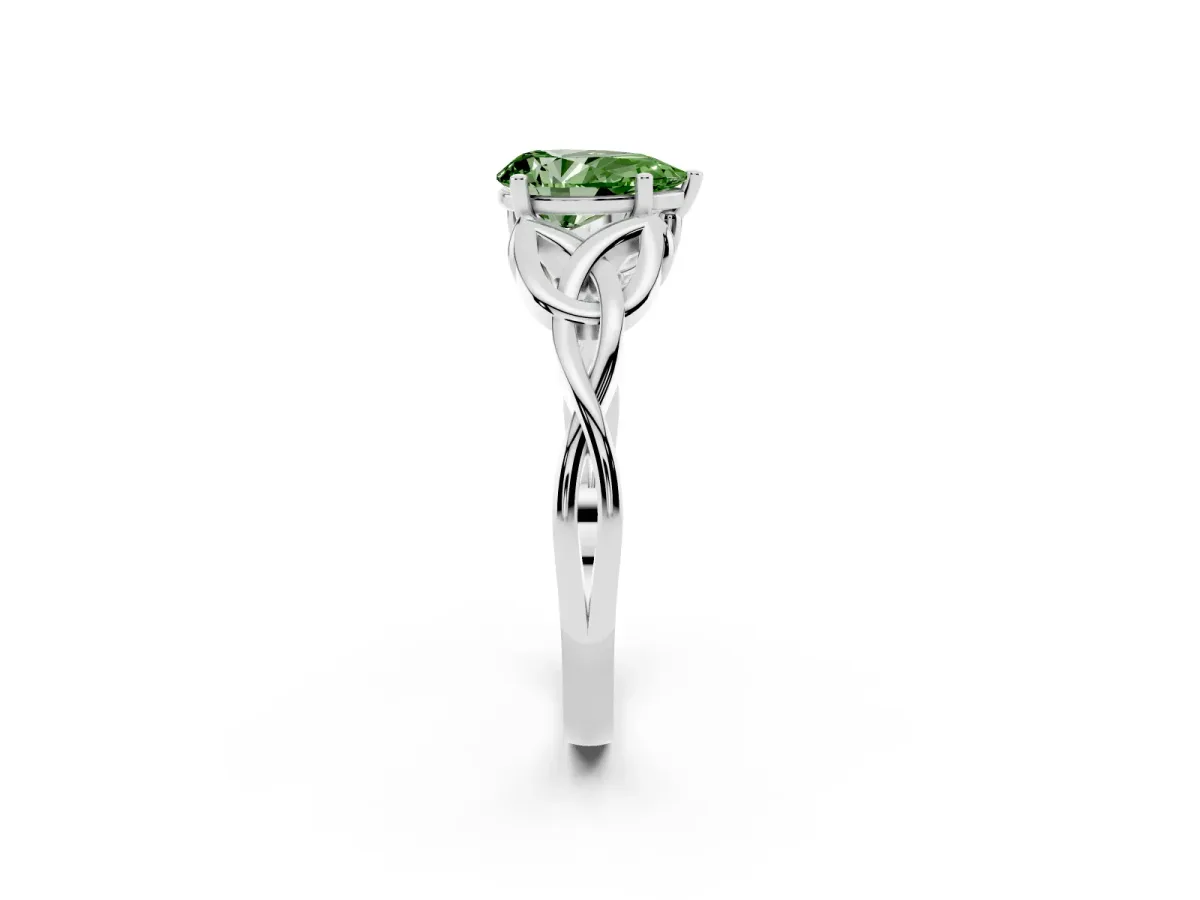 Fancy Green Pear Cut Diamond Solitaire Engagement Ring with Celtic Knot Band and Four-Prong Setting Platinum