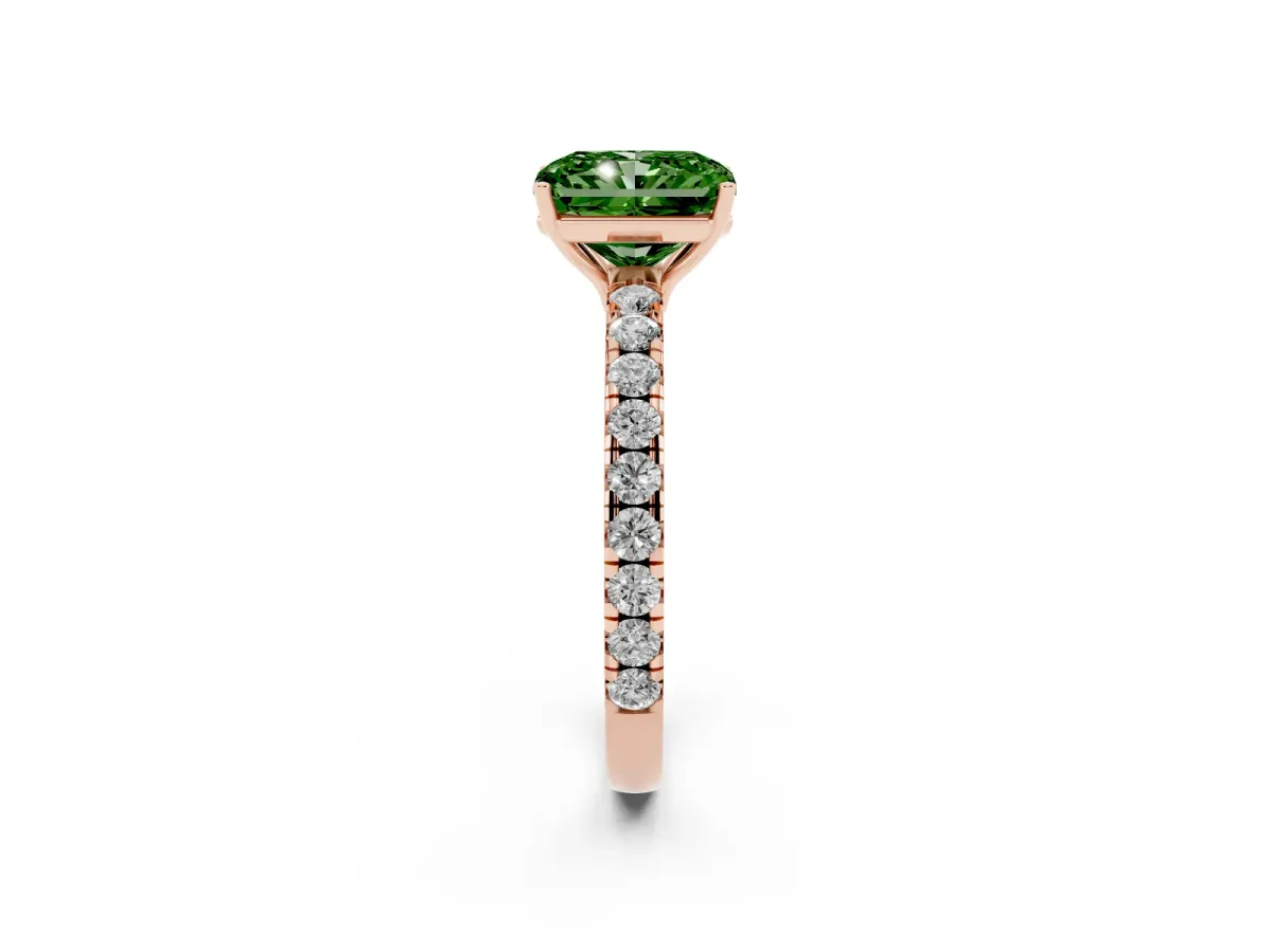 Fancy Green Radiant Cut Diamond Pavé Solitaire Engagement Ring with Four-Prong Setting Rose gold