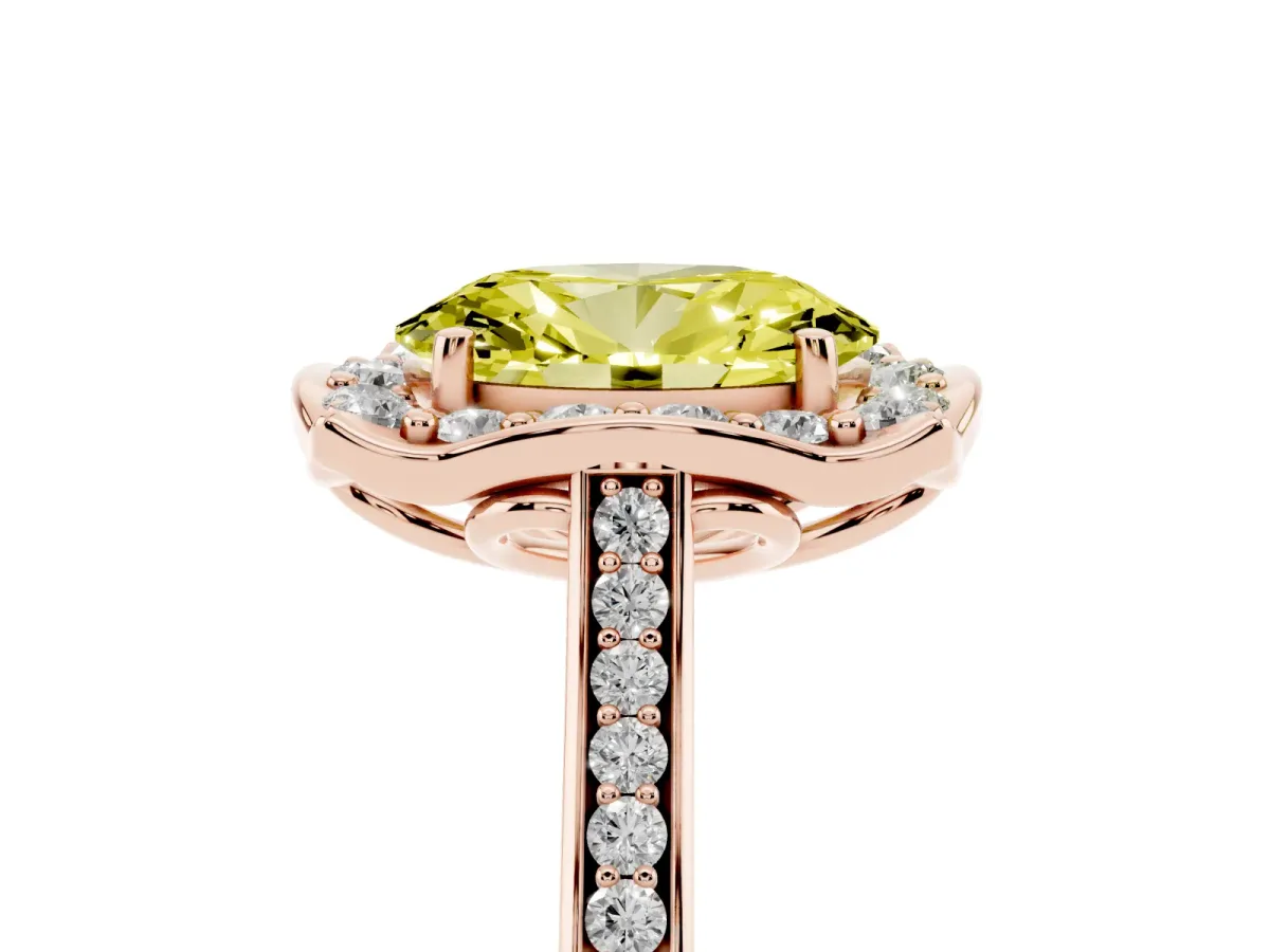 Fancy Yellow Oval Cut Halo Round Diamond Pave Band with Four-Prong Setting Rose gold