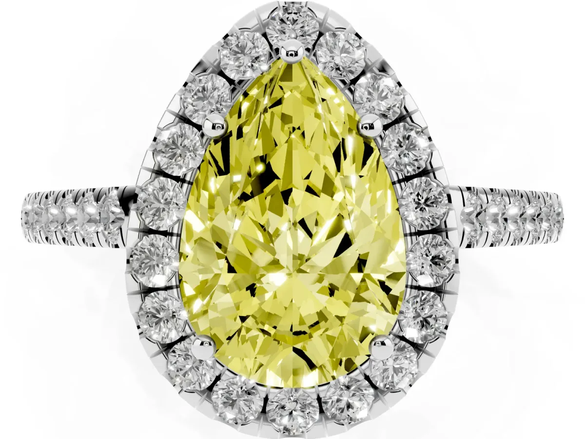Fancy Yellow Pear Cut Halo Pave Diamond Engagement Ring with Four-Prong Setting Silver