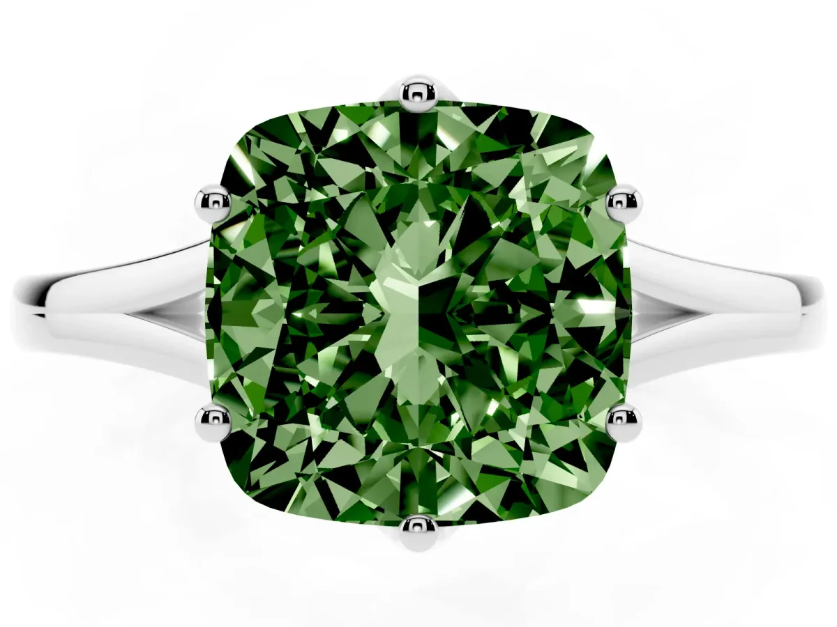 Fancy Green Cushion Cut Solitaire Diamond Ring with Six-Prong Setting and Tapered Band Silver