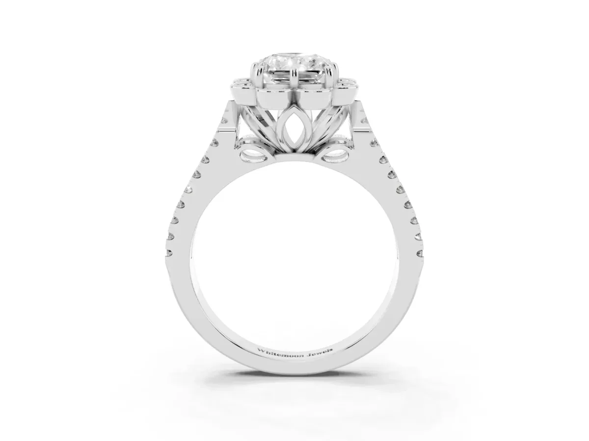 Radiant Cut Halo Diamond Floral Split Shank Engagement Ring Silver