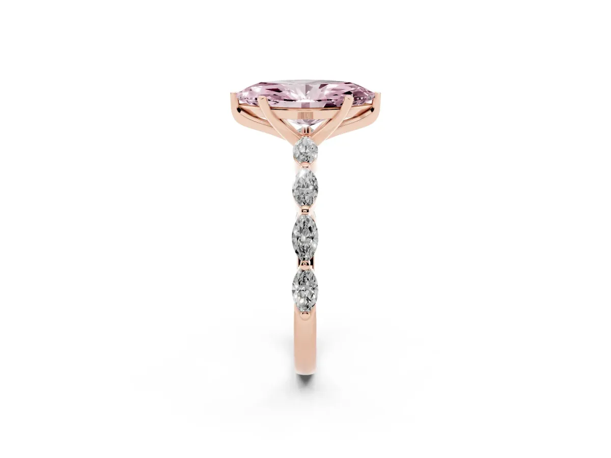 Fancy Pink Marquise Cut Diamond Ring with Marquise Side Stones and Prong Setting Rose gold