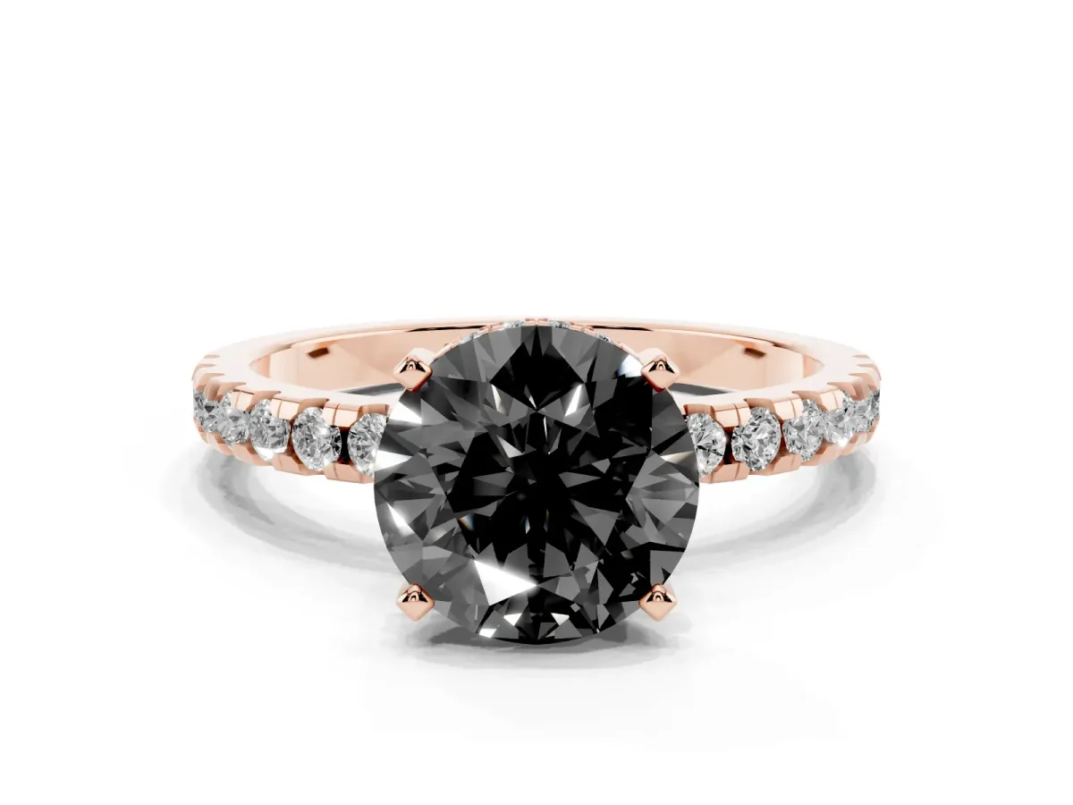 Fancy Black Round Cut Diamond Solitaire Ring with Round Pavé Band and Four-Prong Setting Rose gold