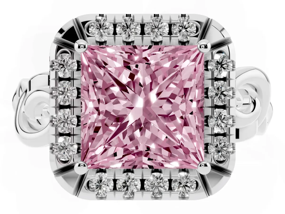 Fancy Pink Princess Cut Cut Halo Diamond Ring with Scrollwork Band and Four-Prong Setting Silver