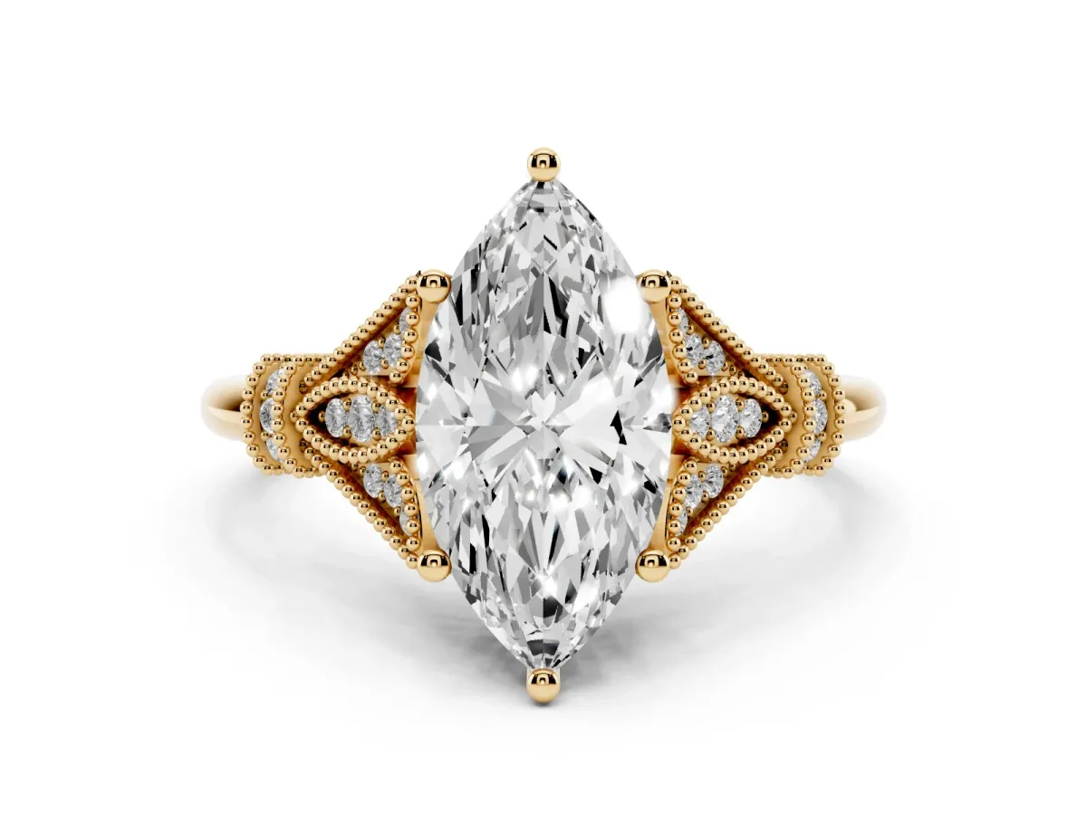 Marquise Cut Diamond Solitaire Ring with Floral Filigree and Pave Accents Yellow gold