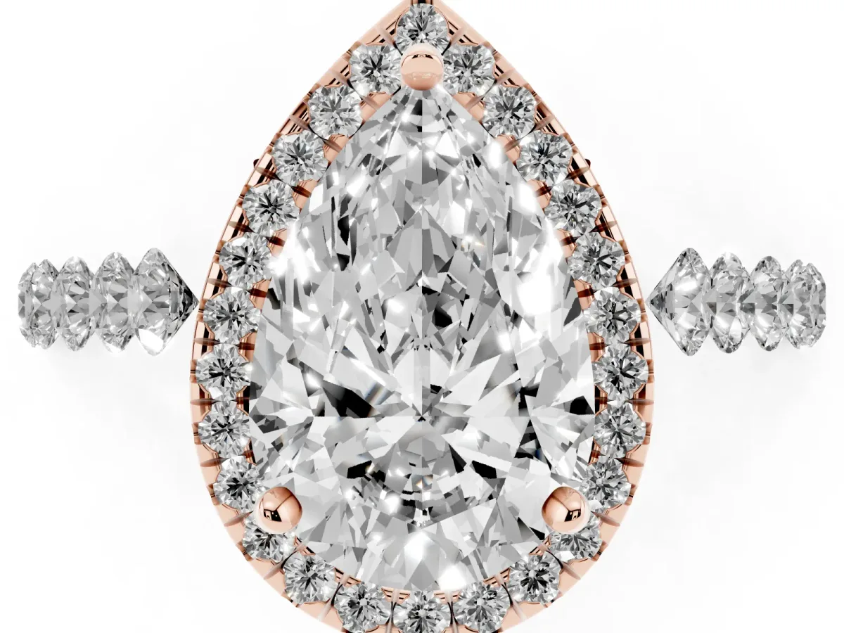 Pear Cut Halo Pavé Diamond Engagement Ring with Four-Prong Setting Rose gold