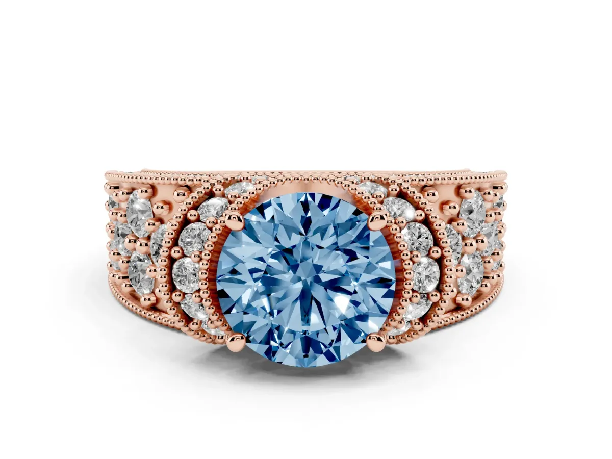 Fancy Blue Round Cut Halo Pave Diamond Engagement Ring with Milgrain Detailing Rose gold