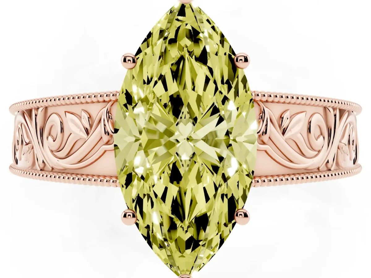 Fancy Yellow Marquise Cut Diamond Solitaire Ring with Engraved Band and Four-Prong Setting Rose gold