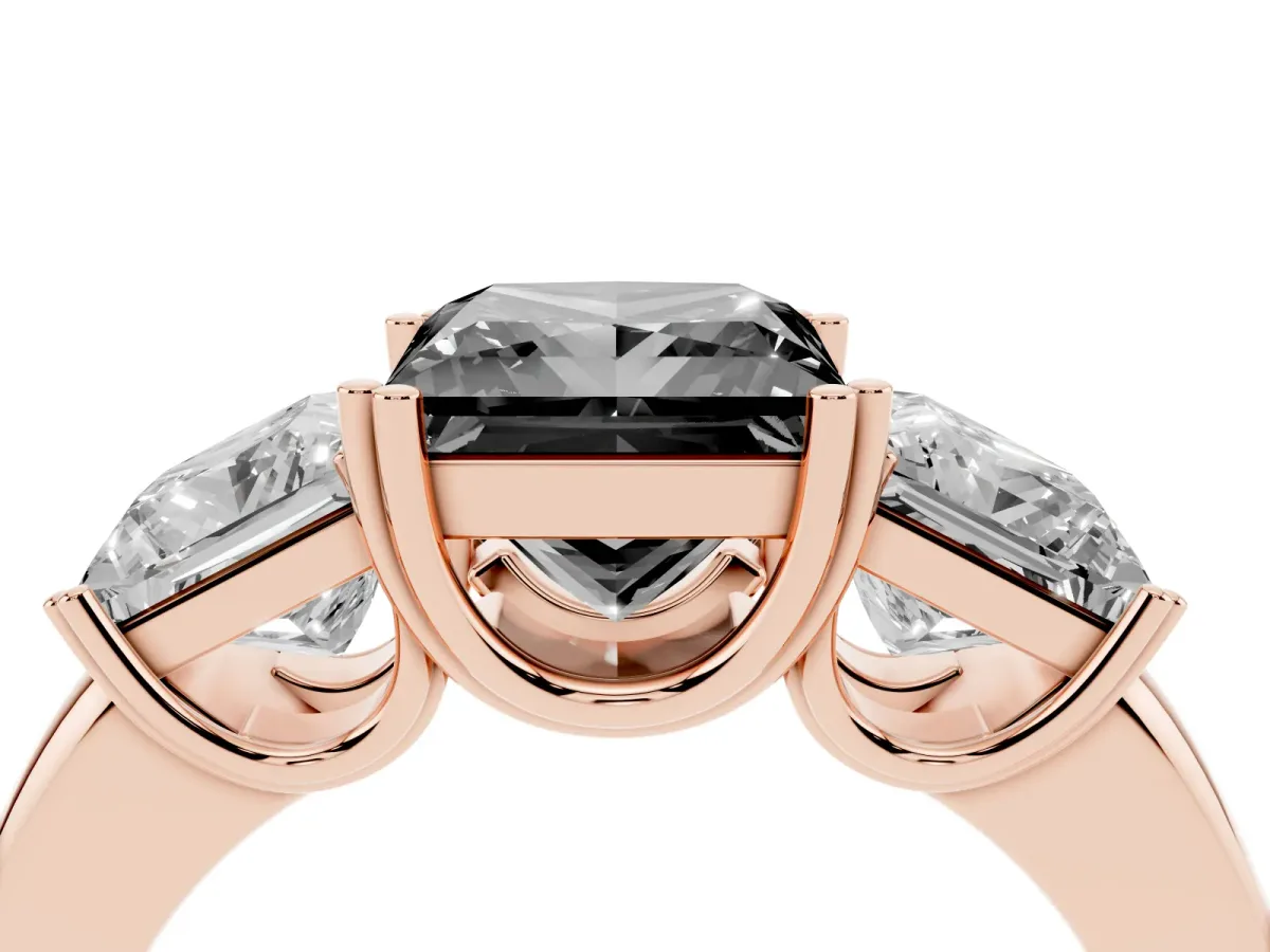 Fancy Black Three-Stone Princess Cut Cut Diamond Ring with Channel Set Band and Four-Prong Setting Rose gold