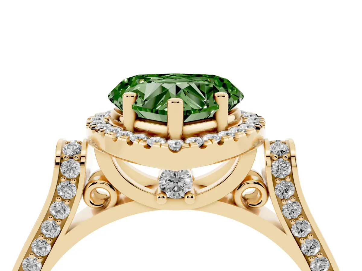 Fancy Green Heart Cut Halo Pave Split Shank Prong Setting Ring Yellow gold