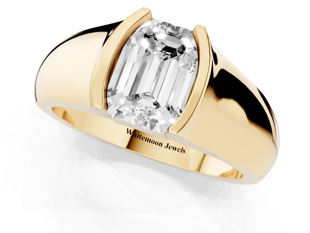Emerald Cut Solitaire Bezel Set Diamond Ring with Wide Band Yellow gold