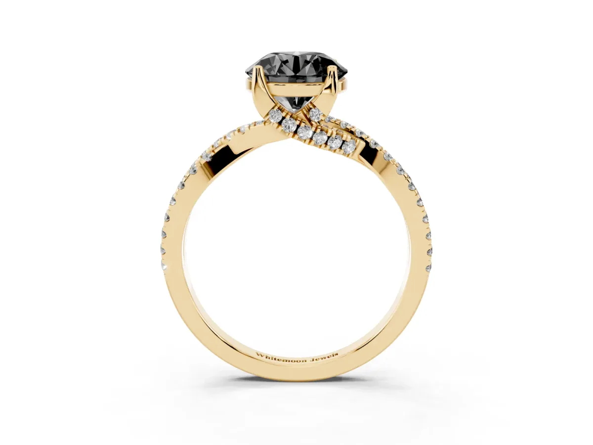 Fancy Black Round Cut Solitaire Twist Pave Diamond Engagement Ring with Prong Setting Yellow gold