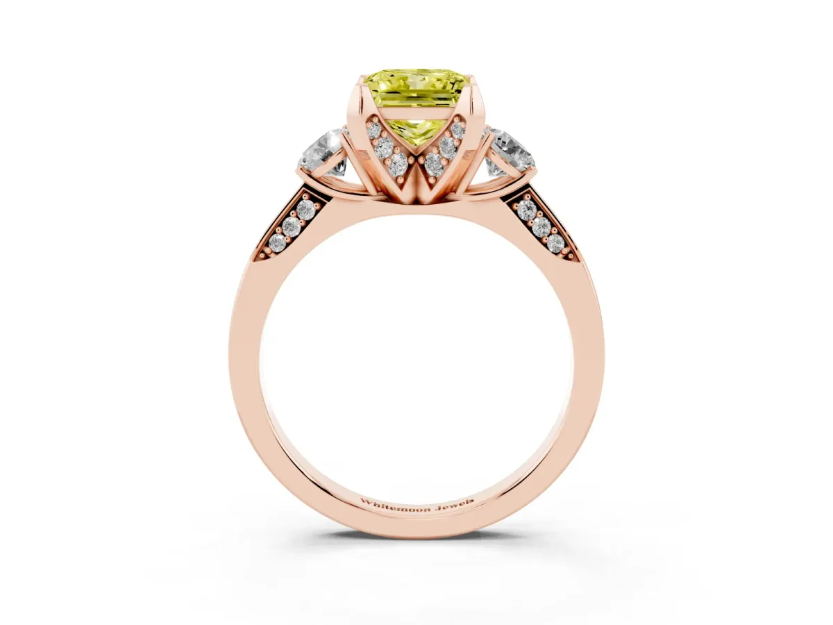 Fancy Yellow Princess Cut Brilliant Three-Stone Diamond Ring with Pavé Band and Four-Prong Setting Rose gold