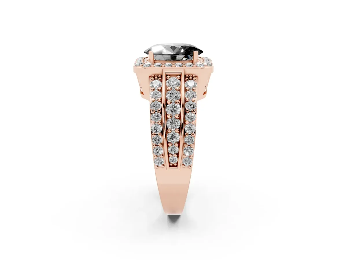 Fancy Black Oval Cut Halo Diamond Ring with Round Split Shank and Prong Setting Rose gold