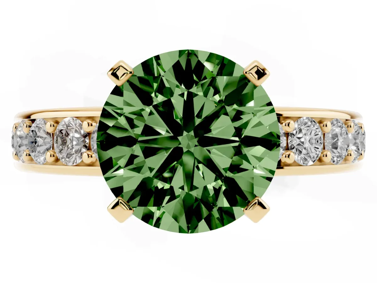 Fancy Green Round Cut Diamond Engagement Ring with Channel Set Round Band and Prong Setting Yellow gold