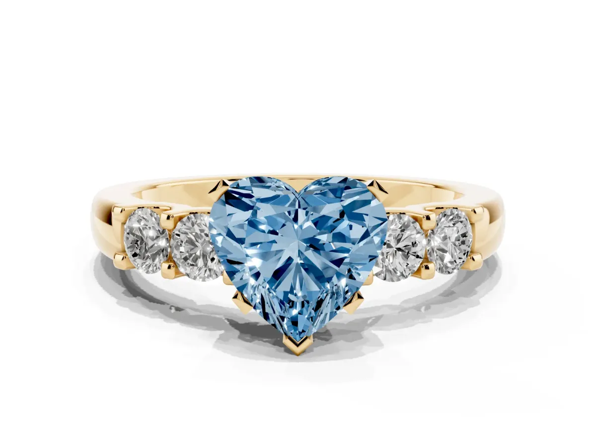 Fancy Blue Heart Cut Brilliant Cut Diamond Five-Stone Prong Set Engagement Ring with Channel Band Yellow gold