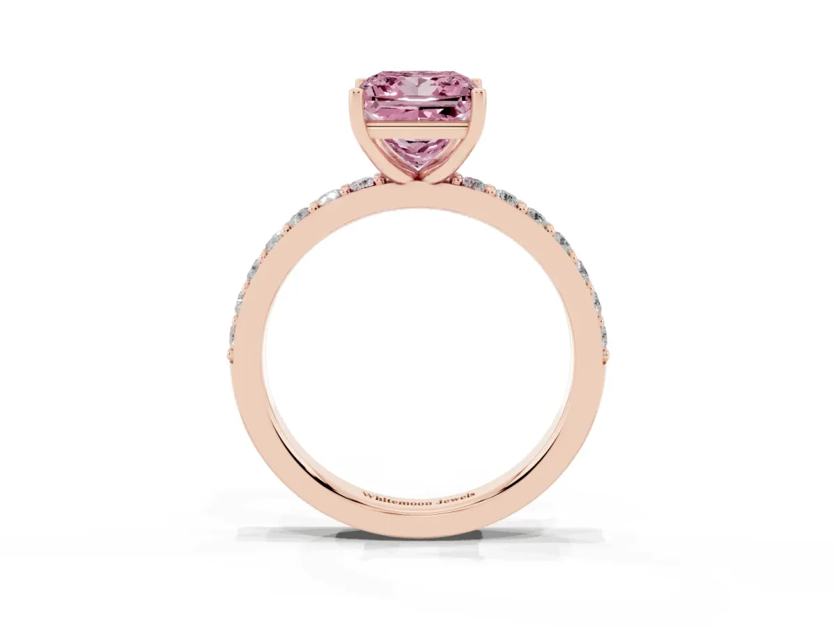 Fancy Pink Princess Cut Cut Diamond Solitaire with Pave Band and Four-Prong Setting Rose gold