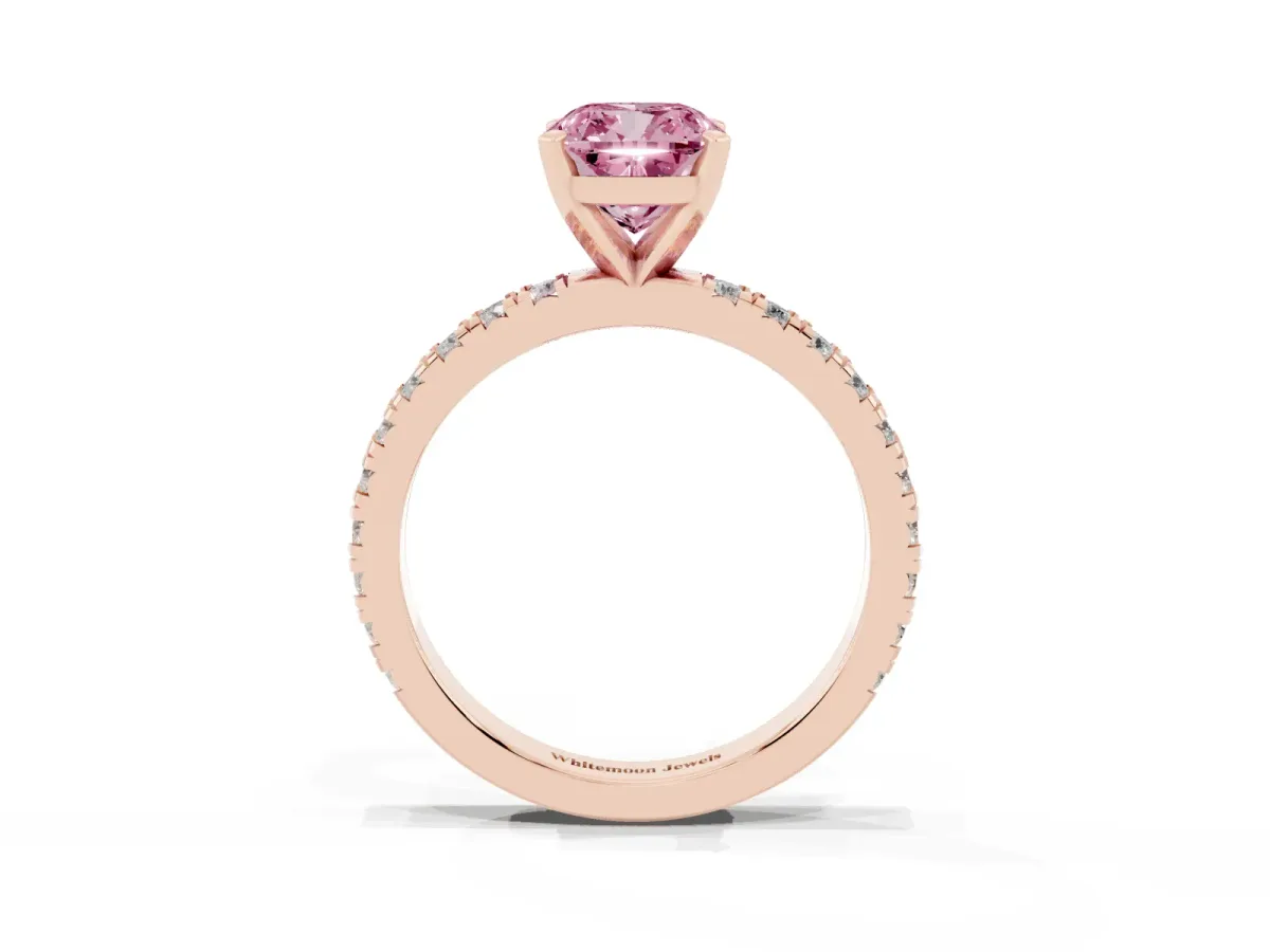 Fancy Pink Cushion Cut Diamond Pavé Band Solitaire with Four-Prong Setting Rose gold
