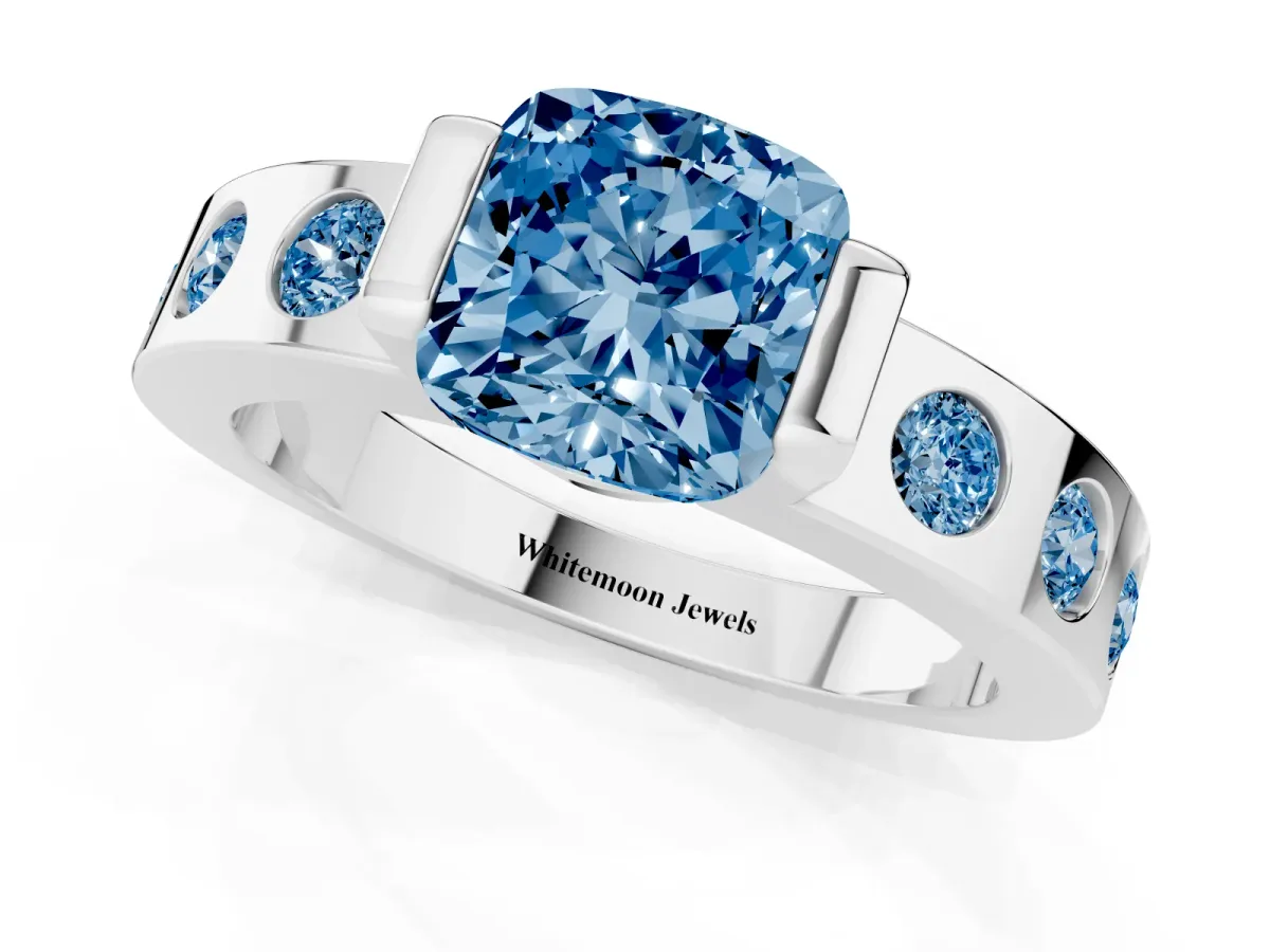 Fancy Blue Cushion Cut Brilliant Channel-Set Diamond Ring with Bezel Prong Setting Silver
