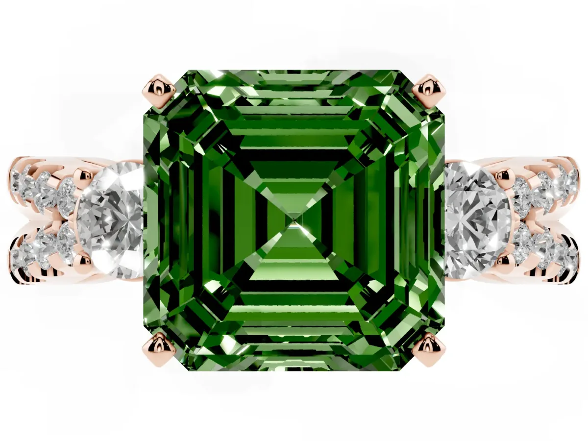 Fancy Green Asscher Cut Diamond Three-Stone Ring with Pavé Split Shank and Four-Prong Setting Rose gold