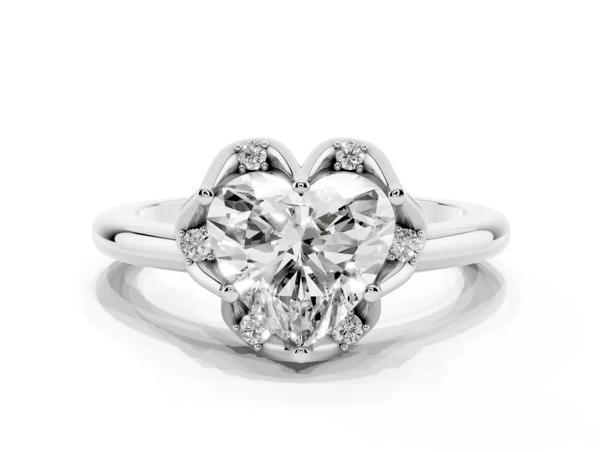 Heart Cut Halo Diamond Ring with Round Cluster Setting, Solitaire Band, and Four-Prong Setting Silver