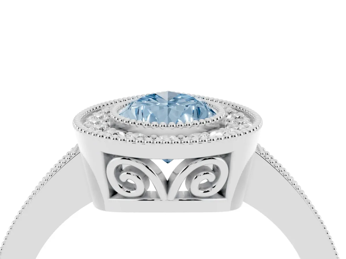 Fancy Blue Pear Cut Cut Halo Diamond Ring with Pavé Band and Milgrain Prong Setting Silver