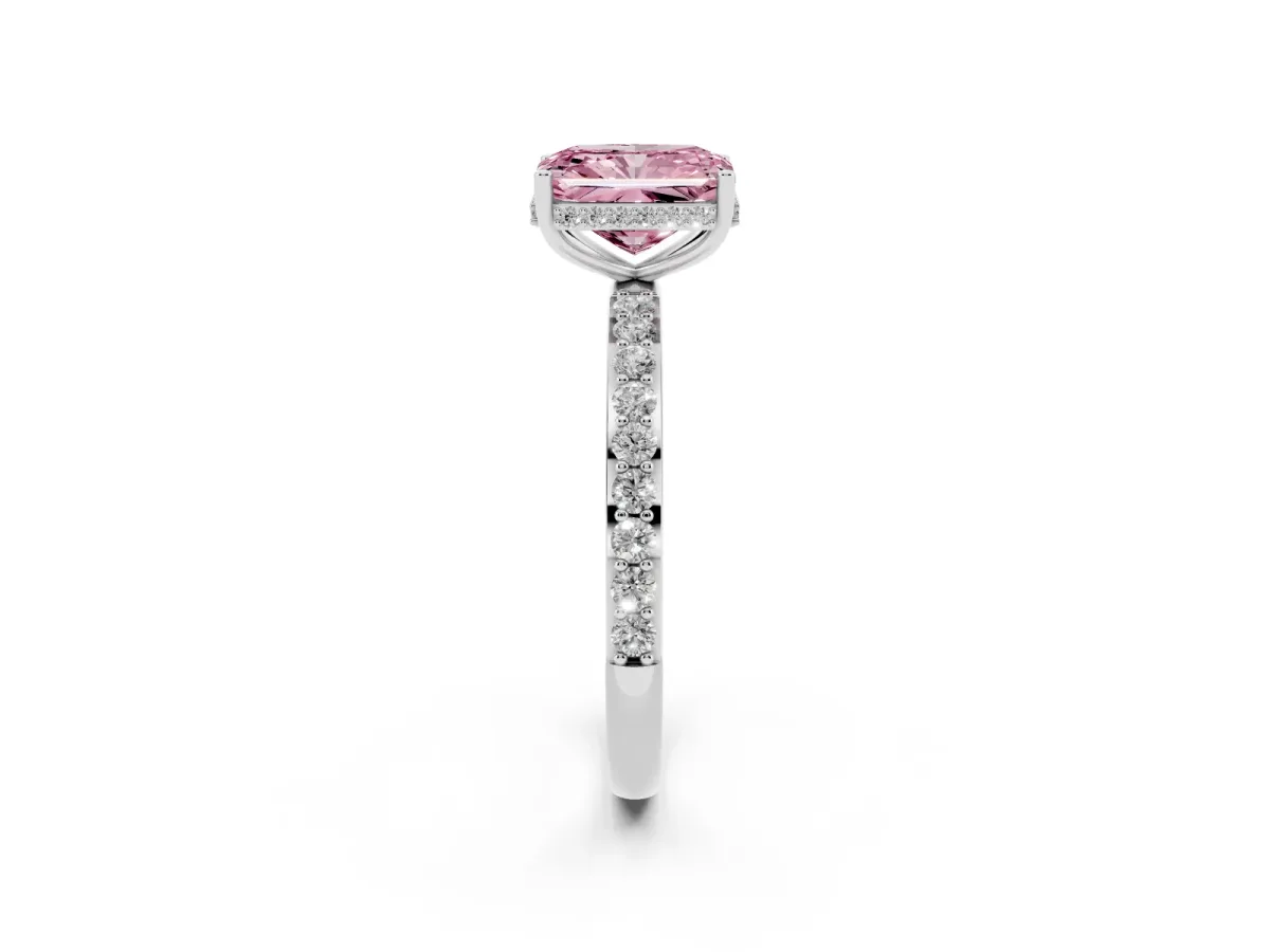 Fancy Pink Radiant Cut Diamond Solitaire Ring with Pavé Band and Hidden Halo Silver